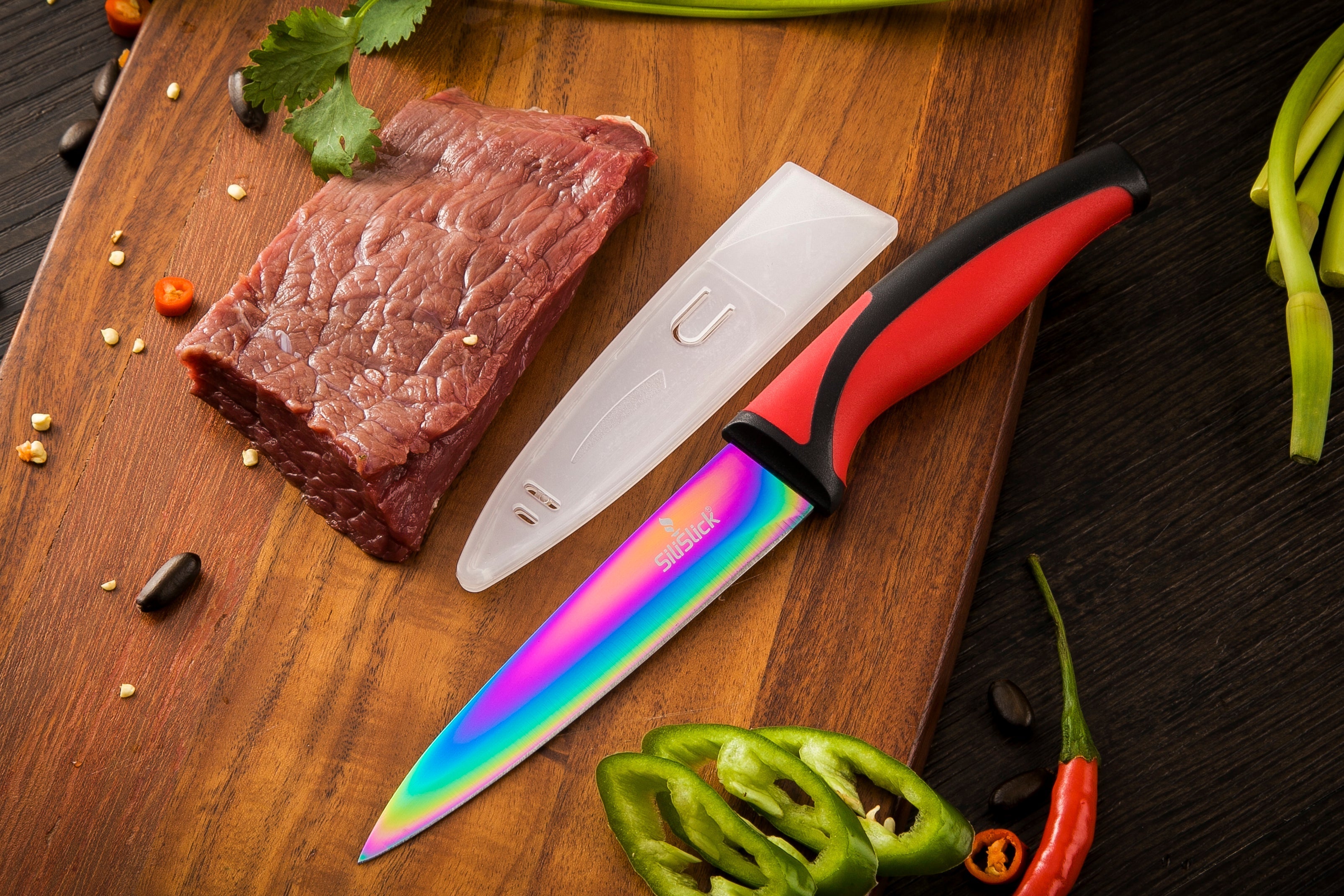 Kitchen Knife Set Kit | Red Handle & Red Magnetic Rack