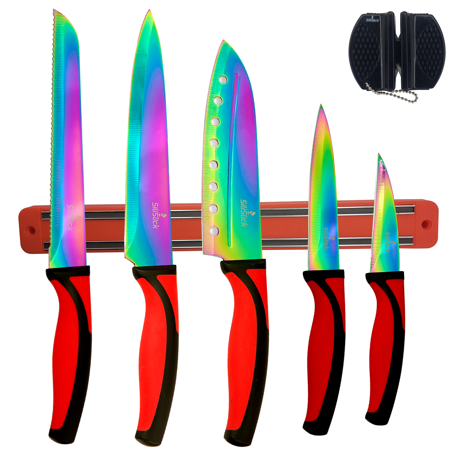 Kitchen Knife Set Kit | Red Handle & Red Magnetic Rack